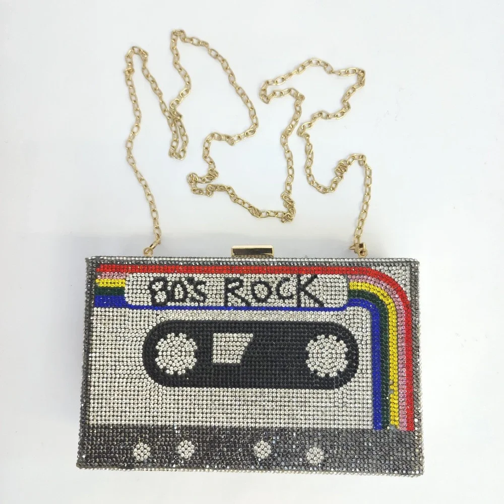 80s Rock Cassette Tape Rhinestone Box Clutch Bag  Crystal Minaudiere Retro